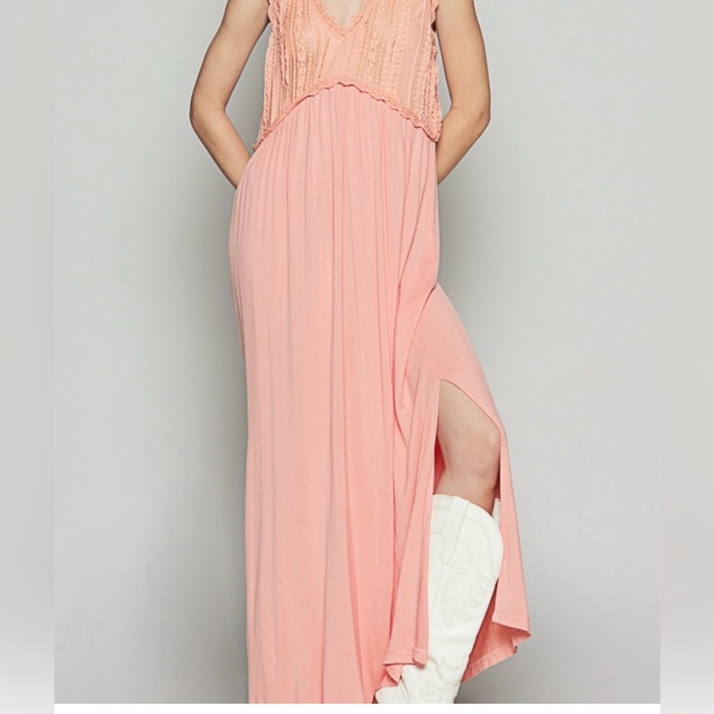 POL•V-Neck Sleeveless Cut Sew KnitLace Trim Solid Dress•Peach Coral - Picture 3 of 6